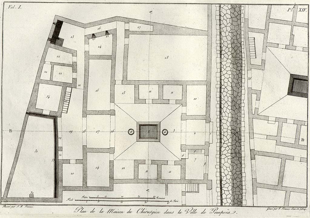 60108 plan piranese VI.1.10 Pompeii. Pre-1804. Plan of the House of the Surgeon, Via Consolare, drawing by Piranesi. On opposite side of Via Consolare is VI.17.9/10.
See Piranesi, F, 1804. Antiquites de la Grande Grece: Tome I. Paris: Piranesi and Le Blanc. Vol. I, pl. XIV.